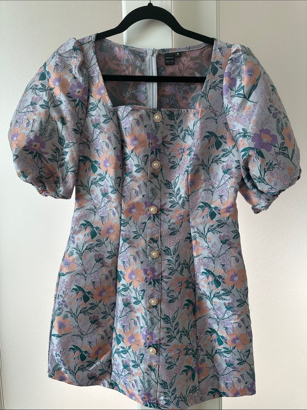 SHEIN Lavender Floral Puff-Sleeve Button Dress